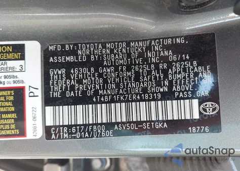 2014 Toyota Camry Xle из США, поврежденный, VIN 4T4BF1FK7ER418319